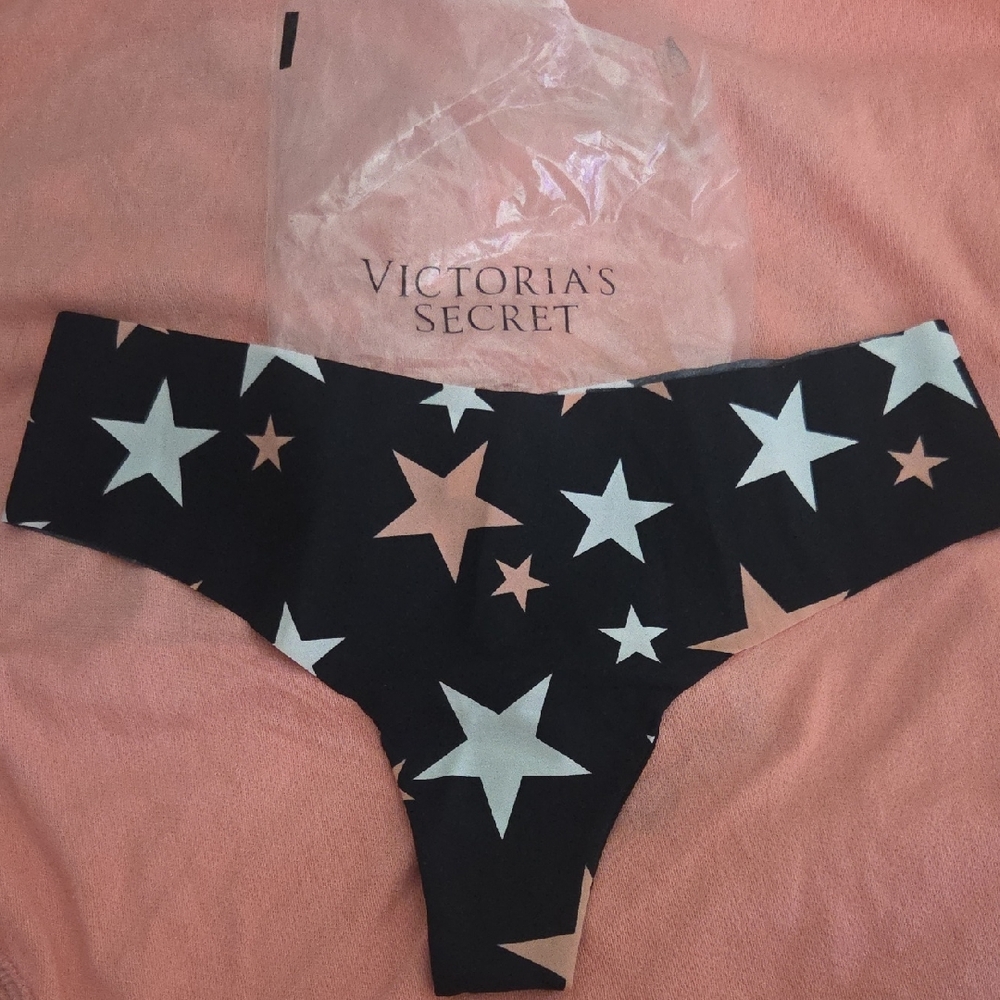 PINK Victoria's Secret  Black Bikini Briefs with White and Light Pink Stars